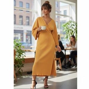 NWT By Anthropologie Plisse V-Neck Wrap Midi xxs petite